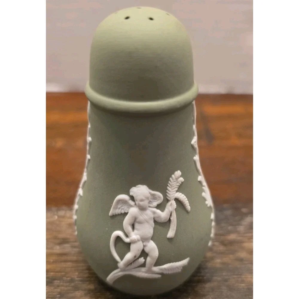 Vintage Wedgwood Jasperware Sage Green Salt & Pepper Shaker Set Cherub England